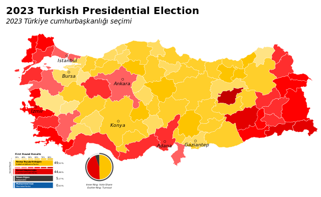 Mapa regional de la votación. En amarillo, a favor de Erdogan. En rojo, de Kilicdaroglu