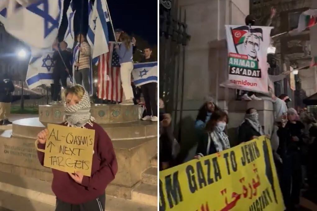 Letreros exhibidos en protestas relacionadas con el campamento en la Universidad de Columbia, incluido un letrero que hace referencia a las Brigadas Izz ad-Din al-Qassam, el ala militar de Hamas (izquierda) y un letrero con una imagen de Ahmad Sa'adat y el Frente Popular para la Liberación de Logotipo de Palestina (FPLP) (derecha).