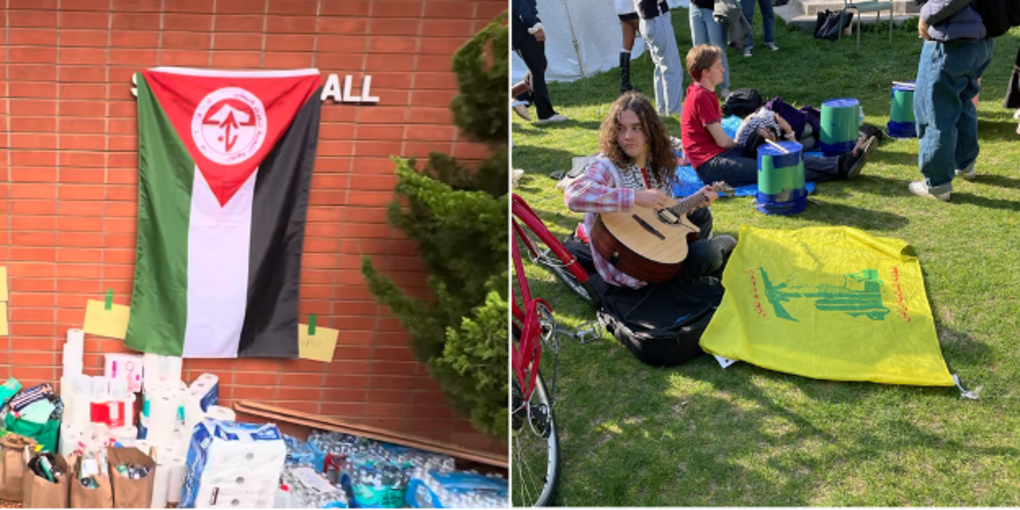 Banderas con los logotipos de los grupos terroristas designados por Estados Unidos como el Frente Popular para la Liberación de Palestina (FPLP) y Hezbollah se ven en las protestas en los campamentos de la Universidad Politécnica del Estado de California, Humboldt (izquierda) y la Universidad de Princeton (derecha).